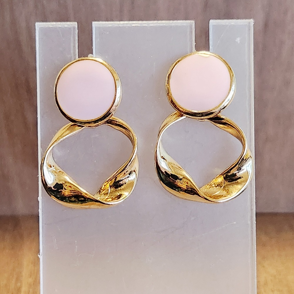 Gold Tone Twisted Mobius Drop Earrings‎ with Pale Pink Enamel Studs Modernist